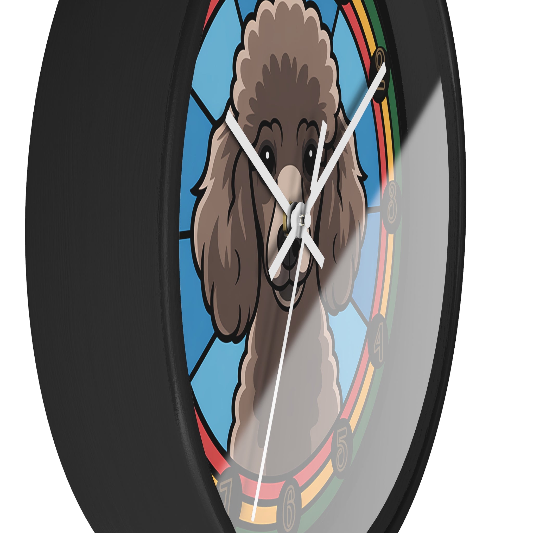 Wall clock with a stylized poodle dog illustration in a stained glass window design.