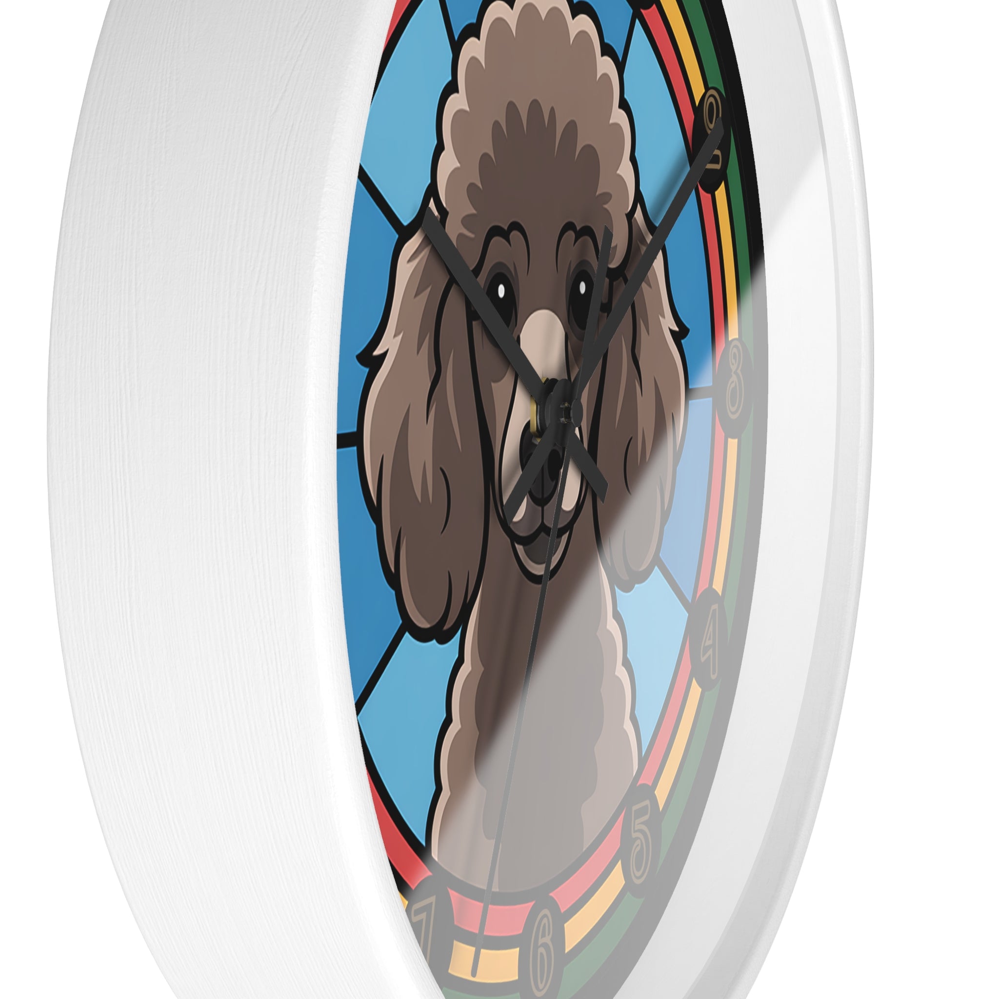 White wall clock with a stylized poodle dog illustration in a rainbow frame