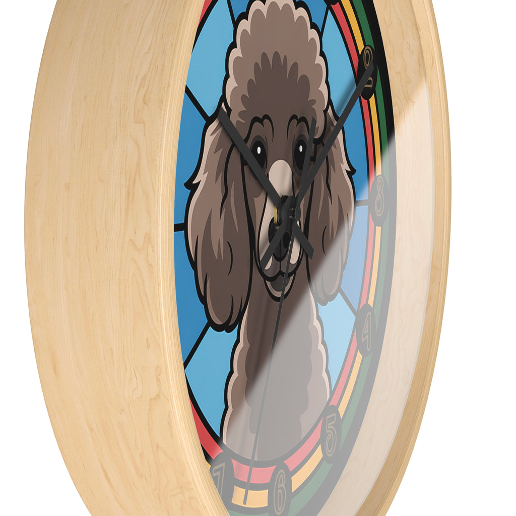 Round wood wall clock with a stylized poodle dog illustration in a stained glass design