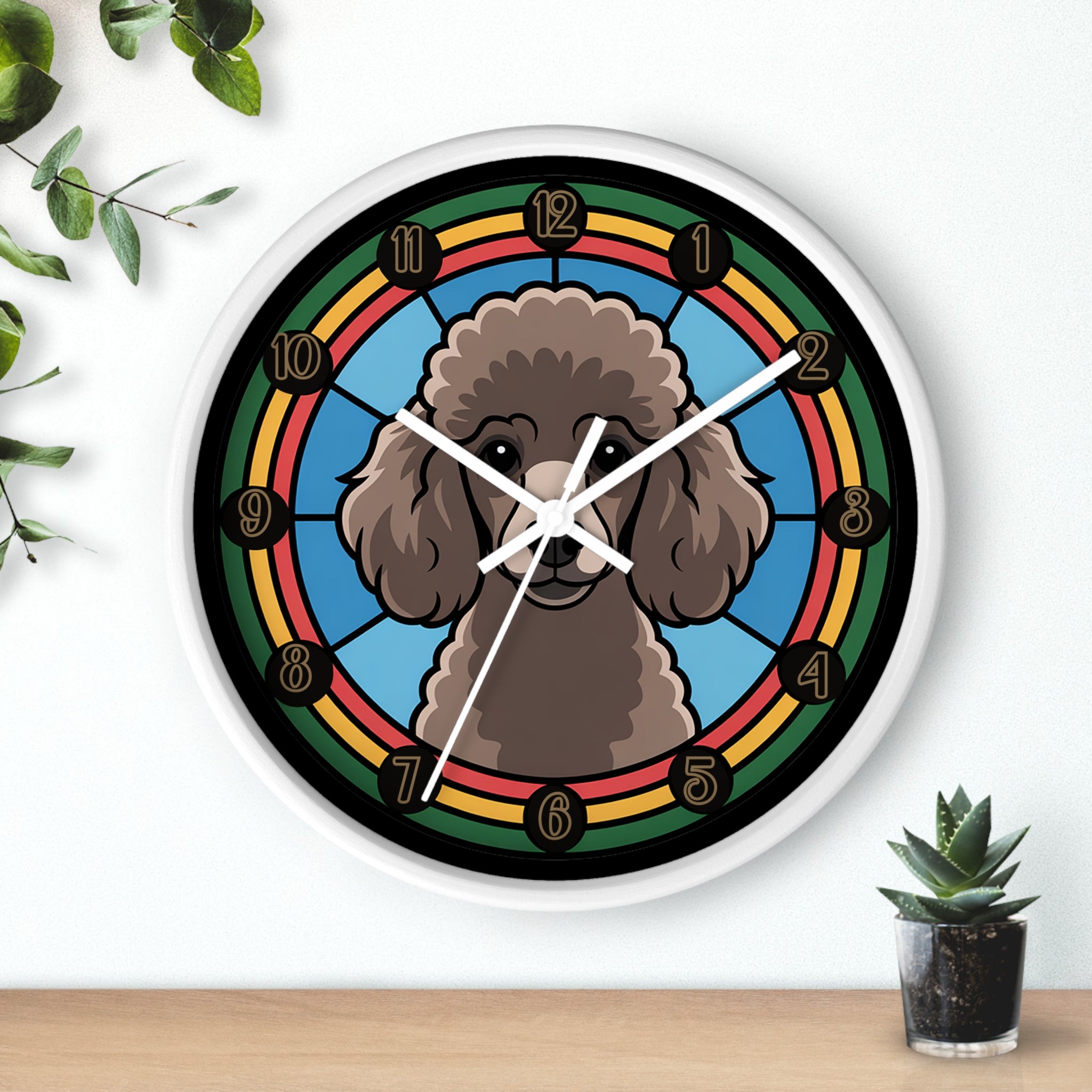 Round white wall clock with a Poodle dog illustration on a white wall with plants.