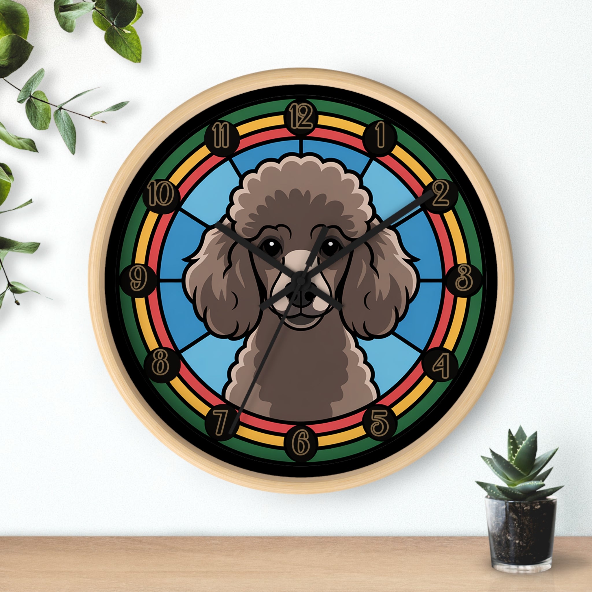 Wood wall clock with a poodle design on a white wall with plants.