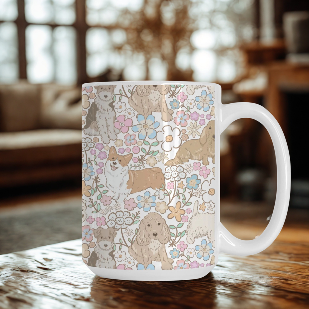 Mug with dog and floral pattern on a wooden table