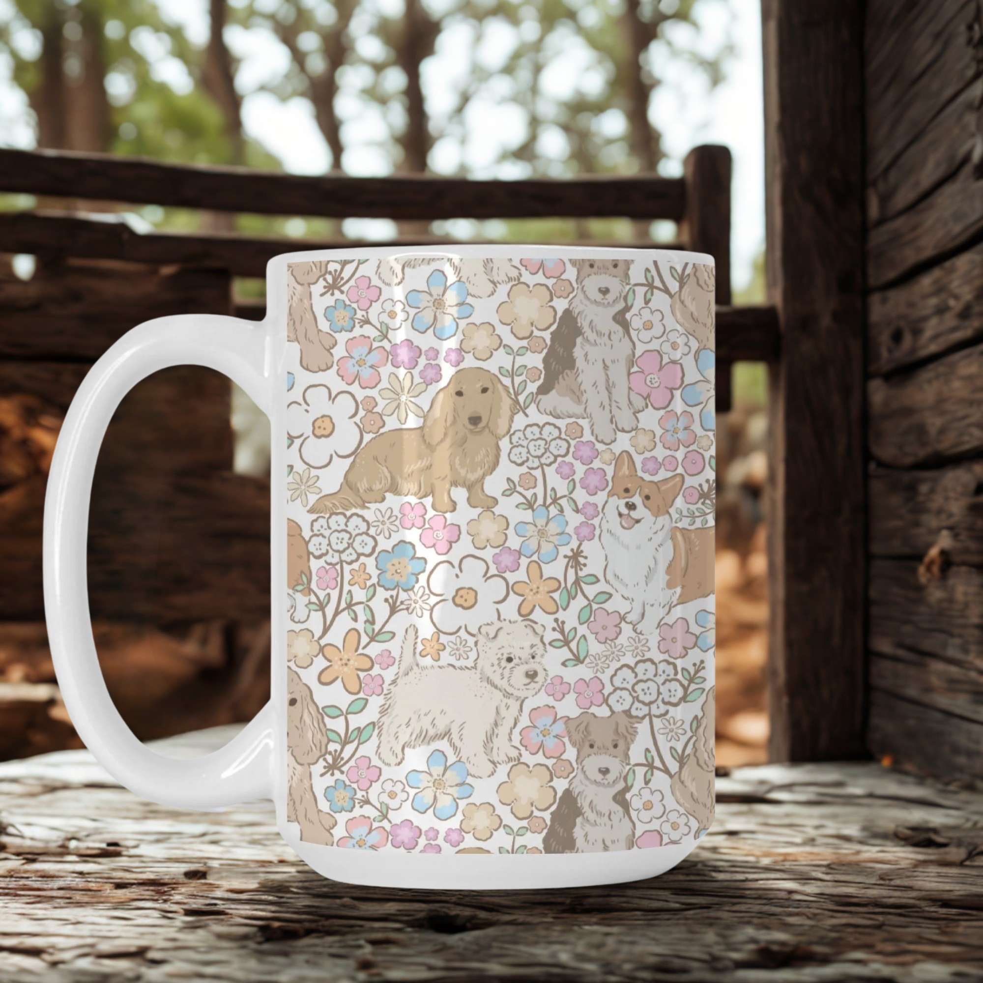 White mug with dog and floral pattern on a wooden surface