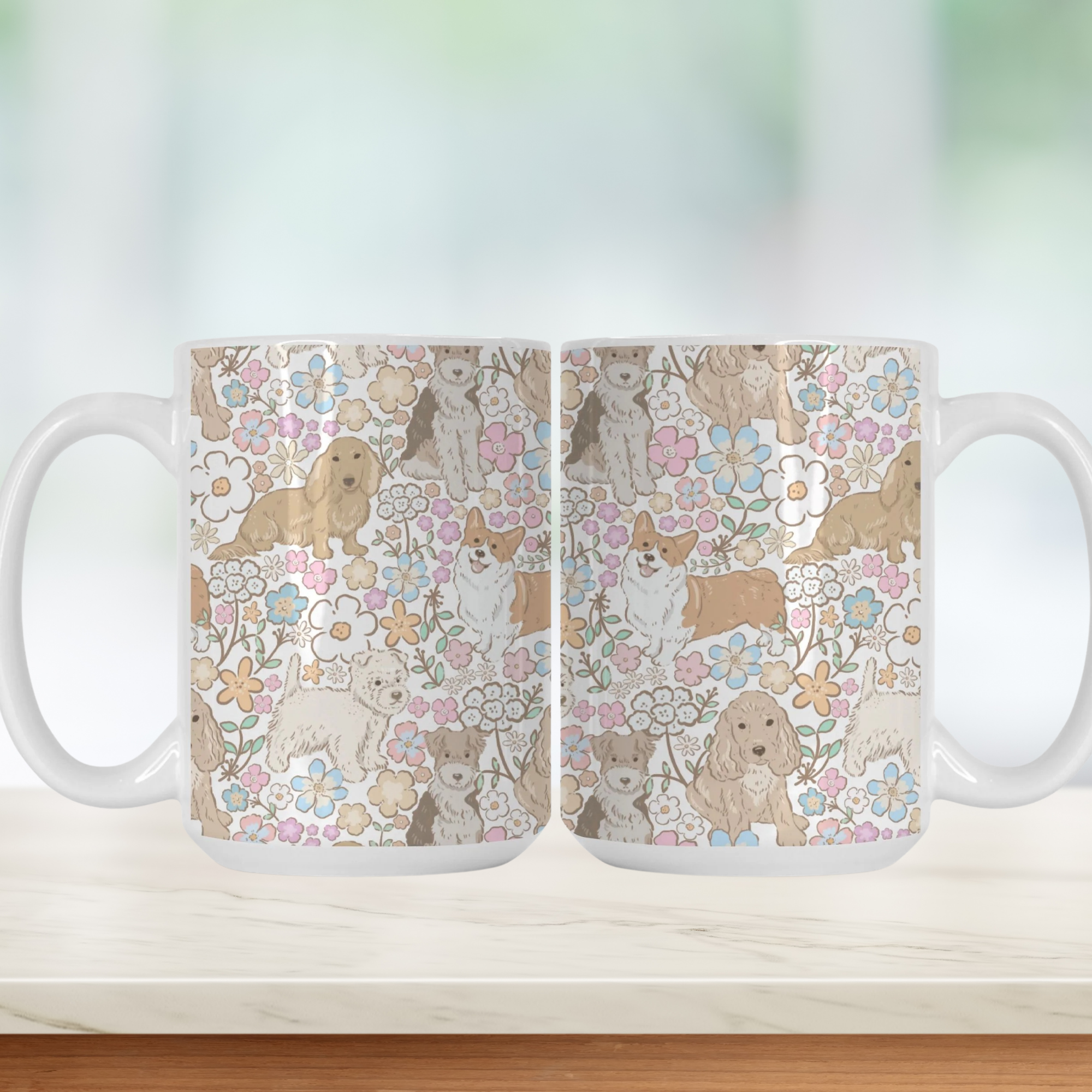 Two mugs with a pattern of dogs and flowers on a white background