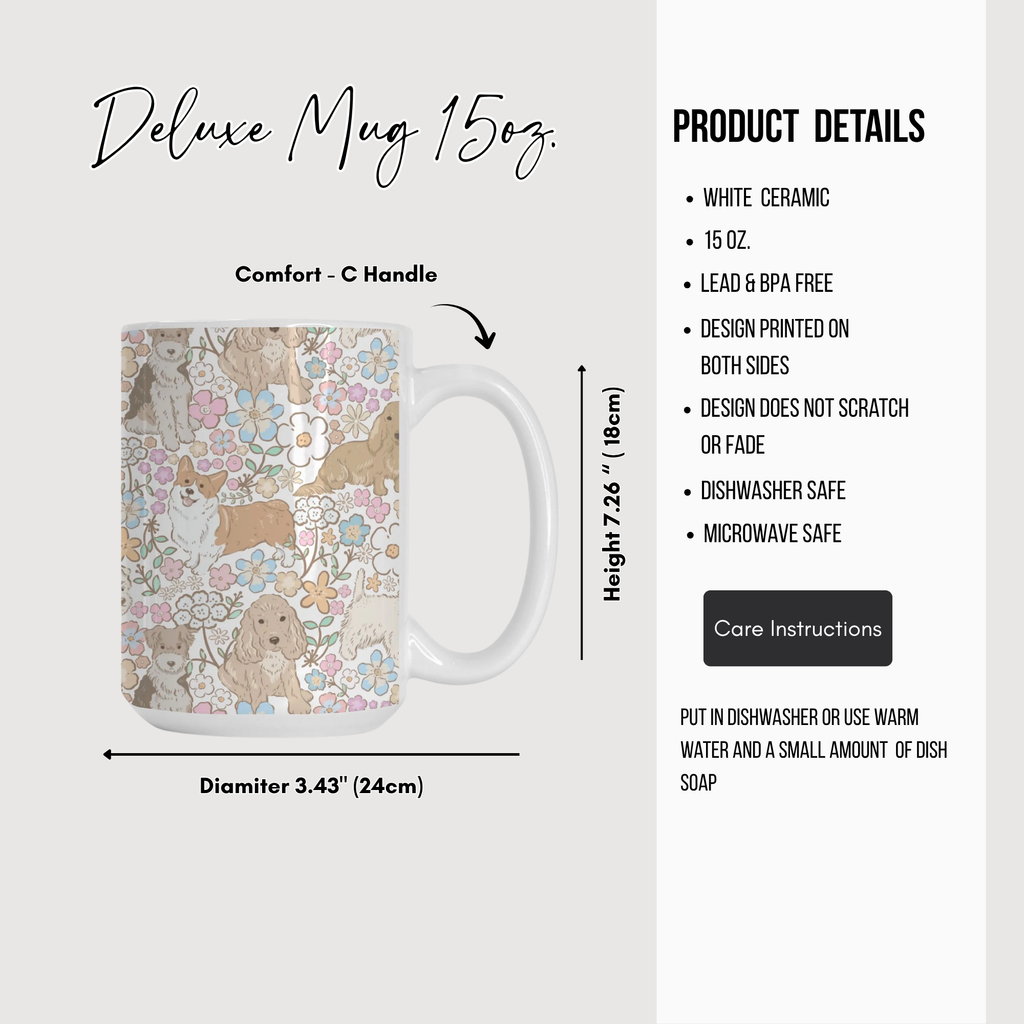 Deluxe mug with floral and dog pattern, featuring product details on a white background.