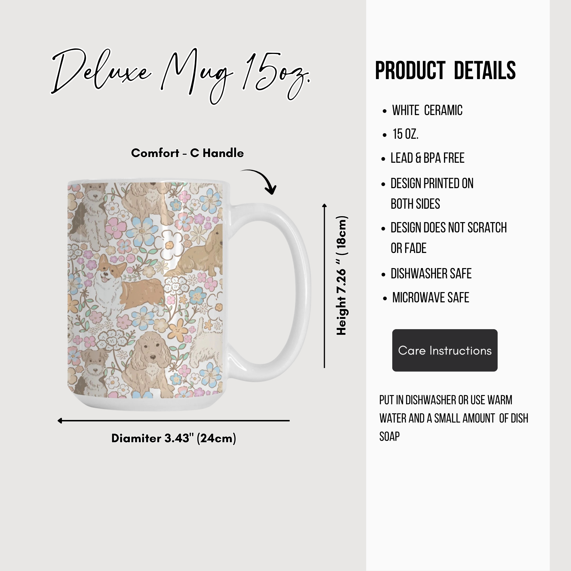 Deluxe mug with floral and dog pattern, featuring product details on a white background.