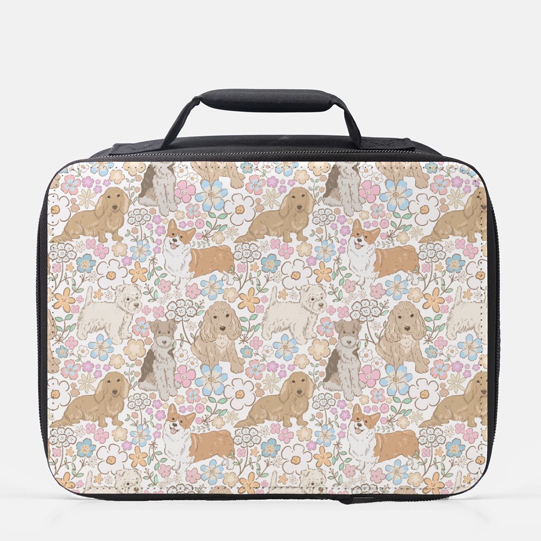  insulated lunch bag with dog and floral pattern
