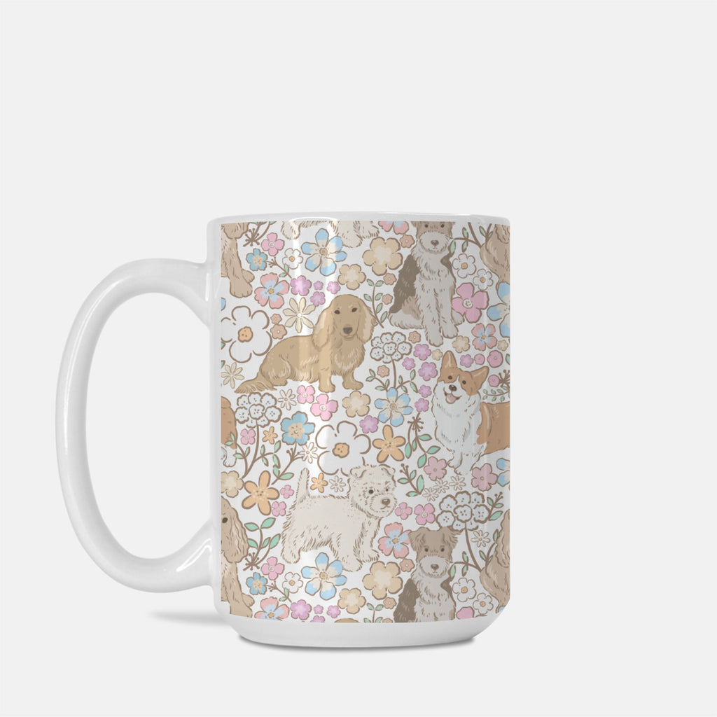 Mug with dog and floral pattern on a white background
