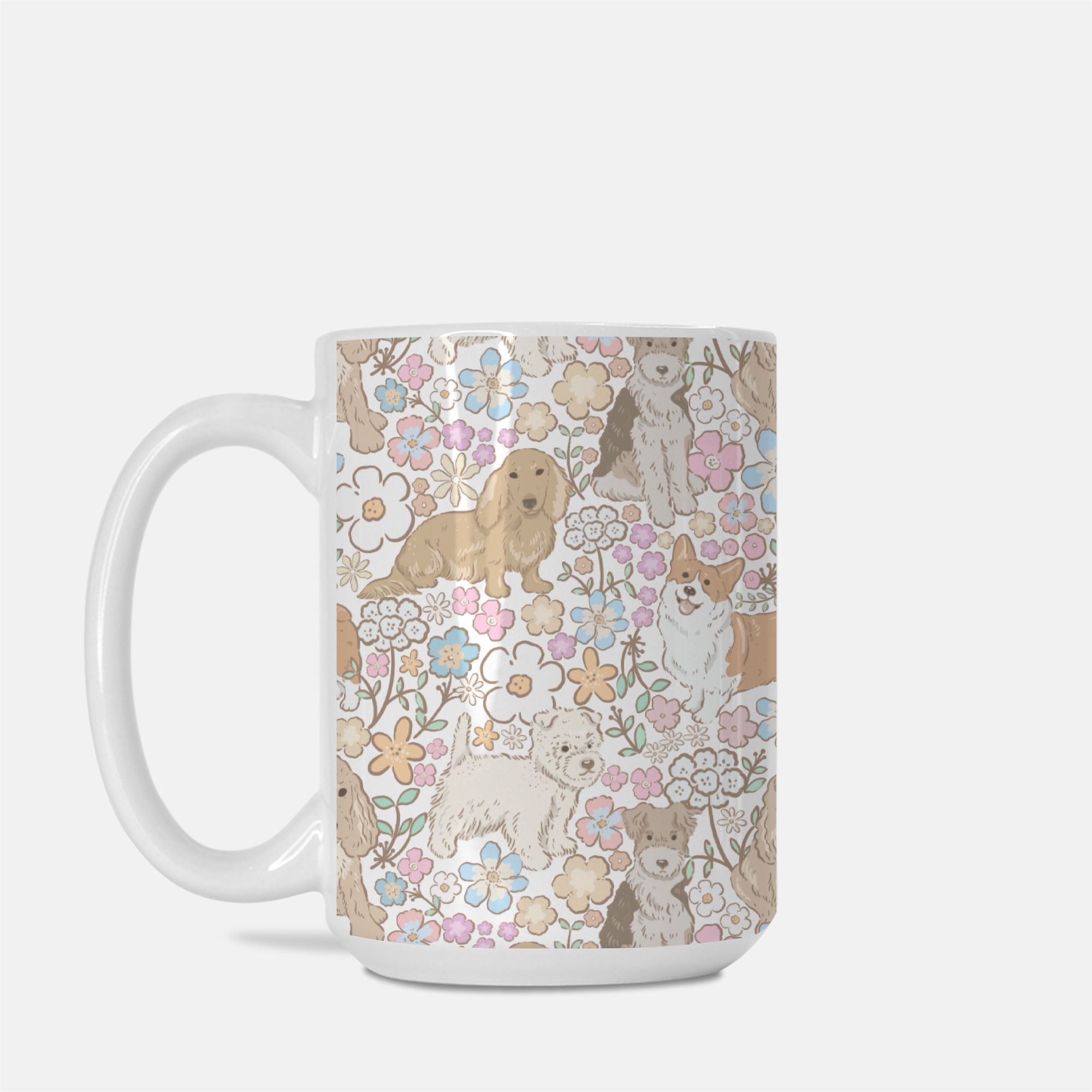 Mug with dog and floral pattern on a white background