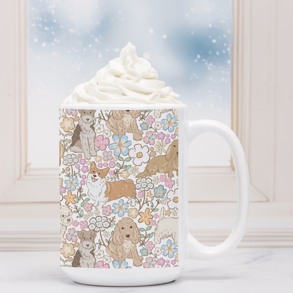 White mug with dog and floral pattern against a snowy window background