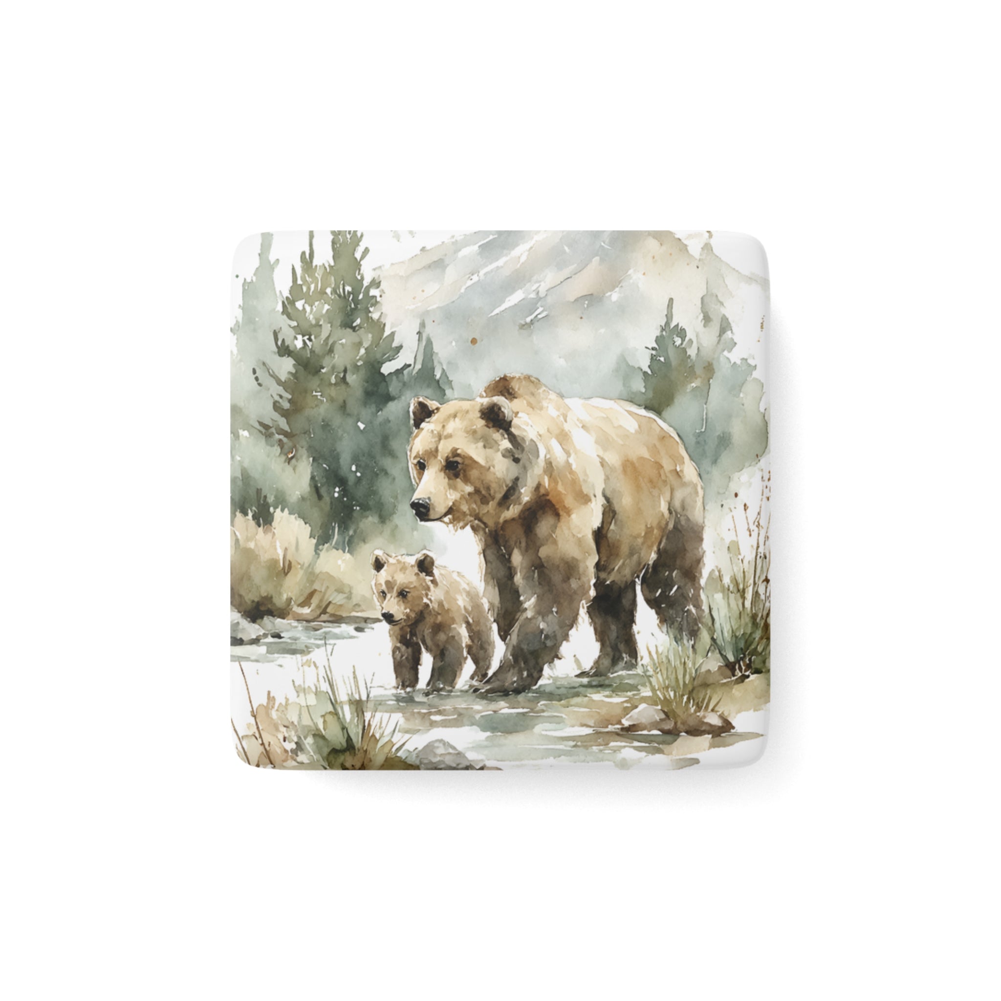 Magnet with an Illustration of a bear and cub walking through a forest with mountains in the background