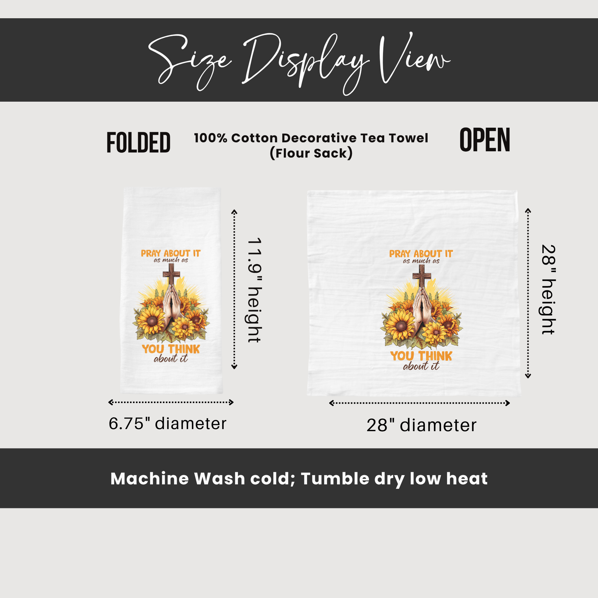 Size display view of a decorative tea towel with measurements and care instructions.
