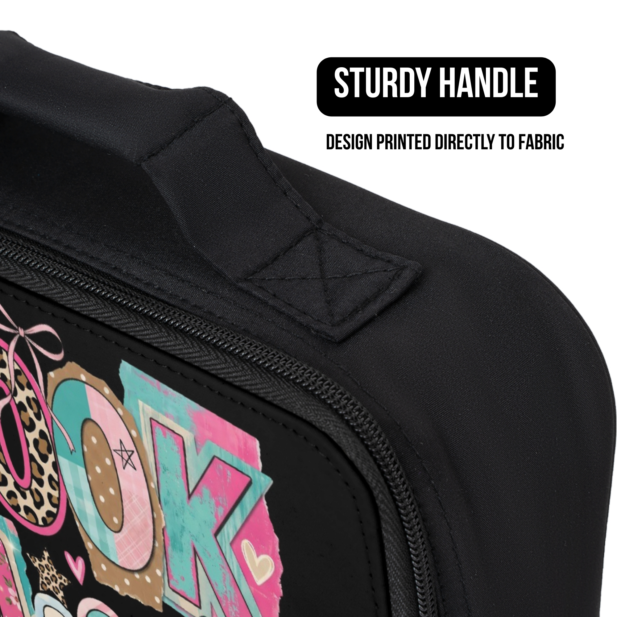 Black bag with colorful design and 'STURDY HANDLE' text on a white background