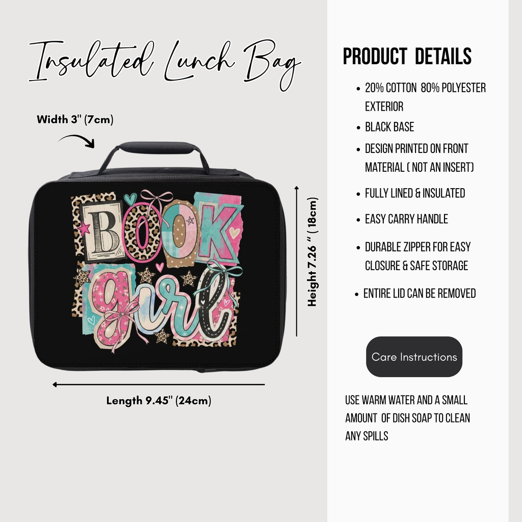 Insulated lunch bag with 'Book Girl' design and product details on a white background