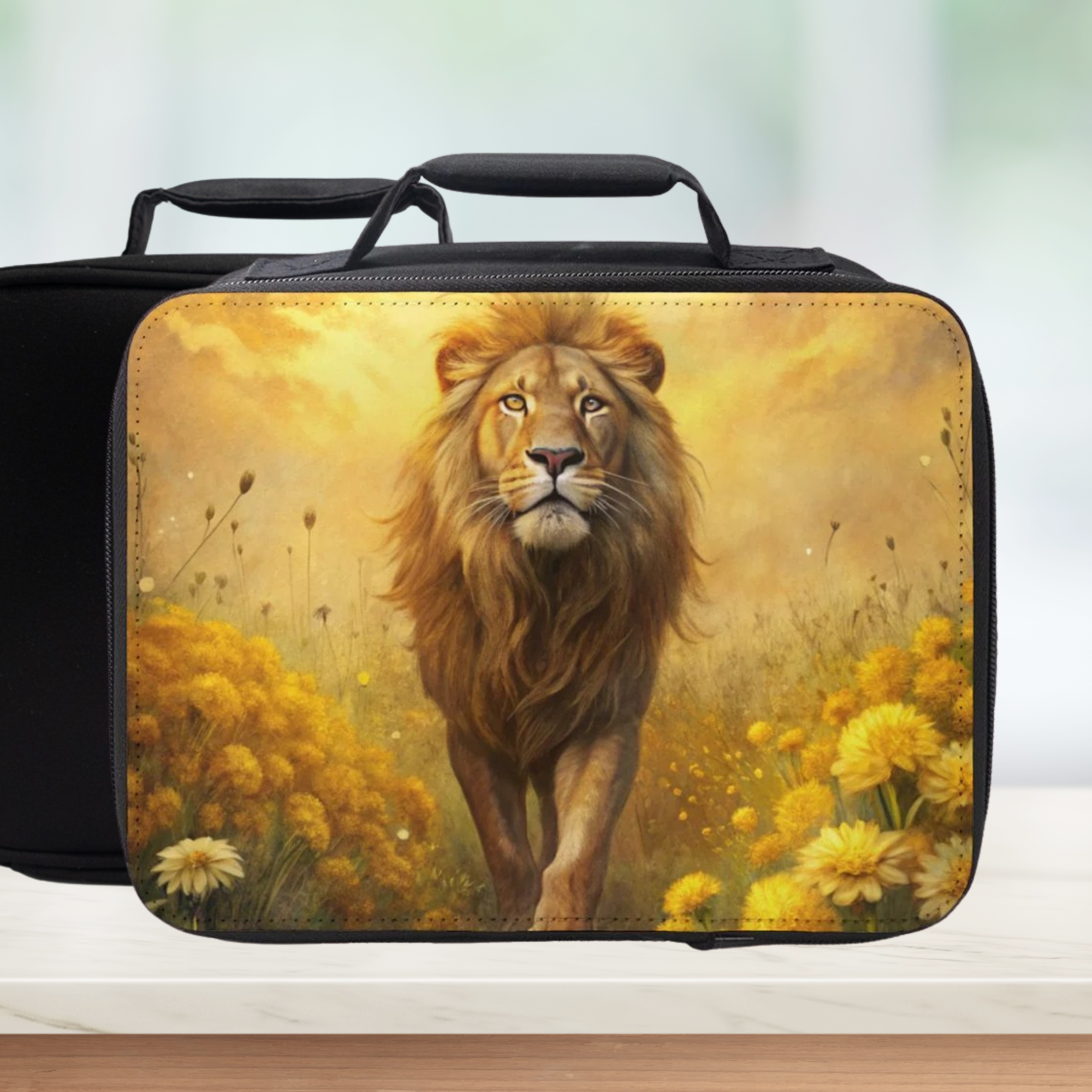 Black lunch bag with a lion design on a grassy field with flowers
