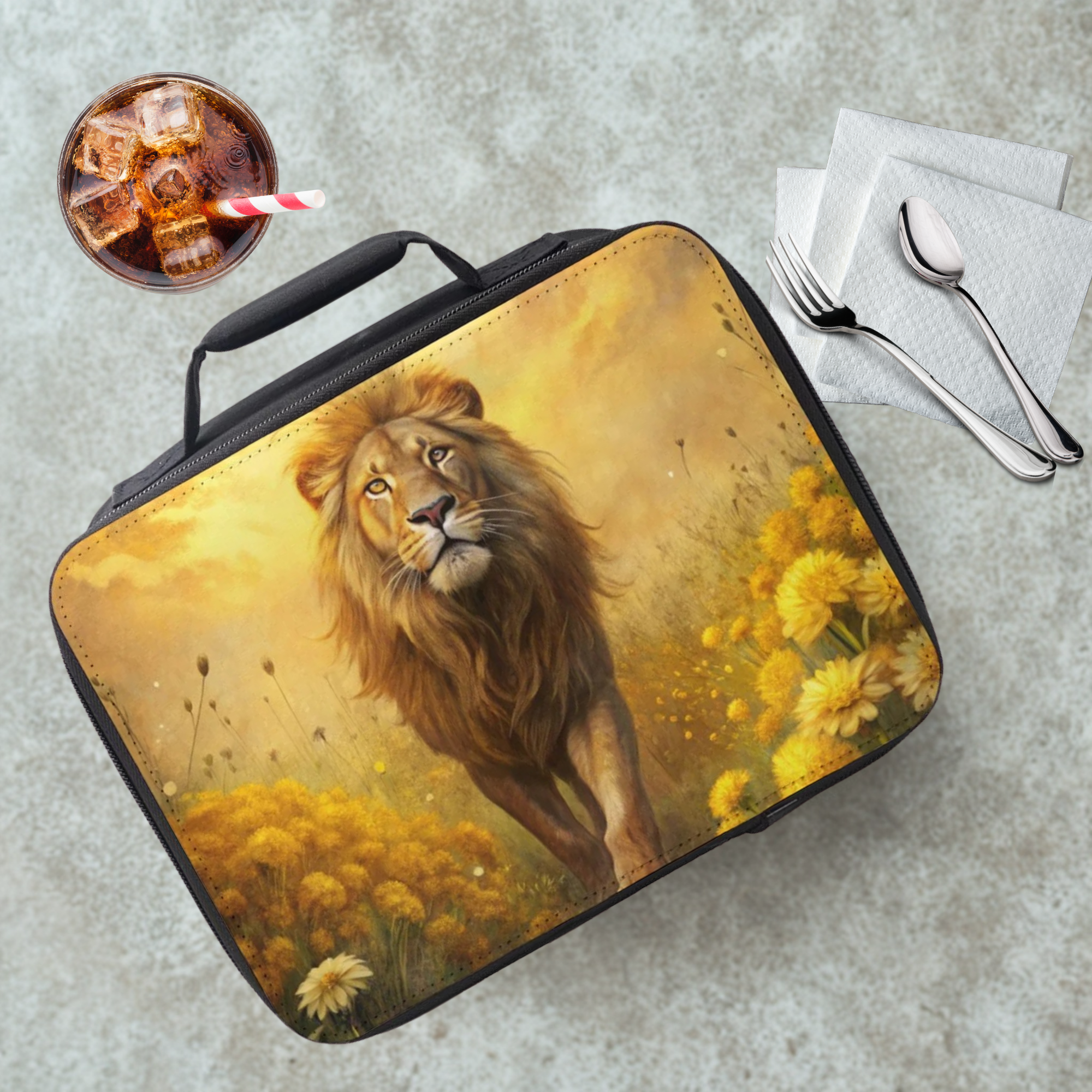 Lunch bag with a lion design on a table with a drink and utensils.