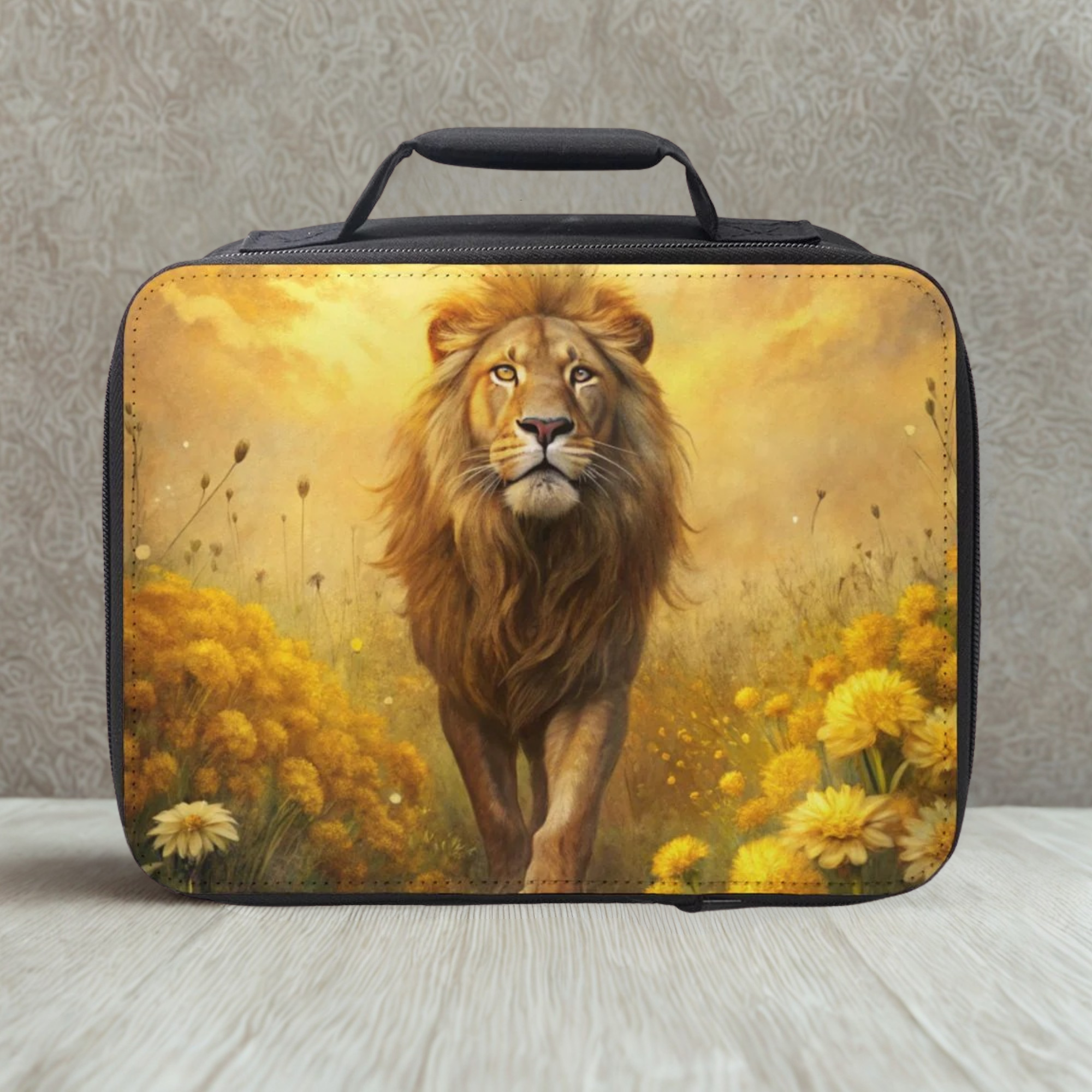 Lunch bag with a lion design on a neutral background