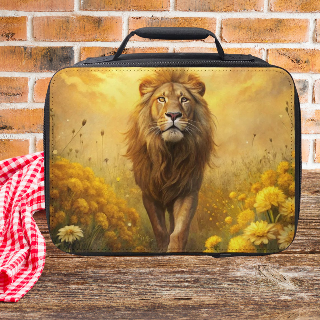 Lunch bag with a lion design on a wooden picnic table and brick wall background