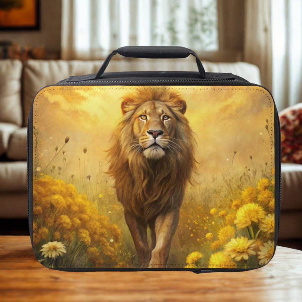 Lunch bag with a lion design on a wooden table in a cozy living room