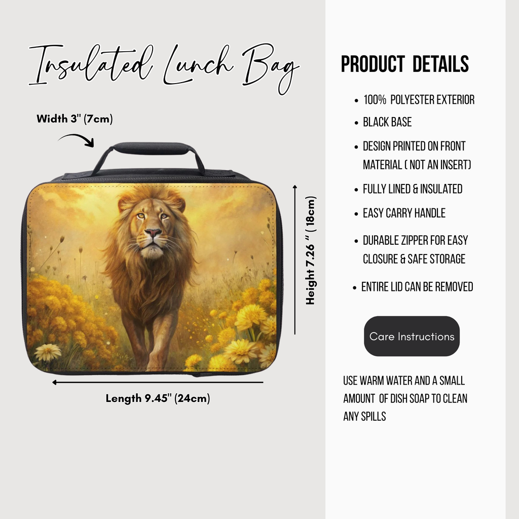 Insulated lunch bag with lion design and product details on a white background