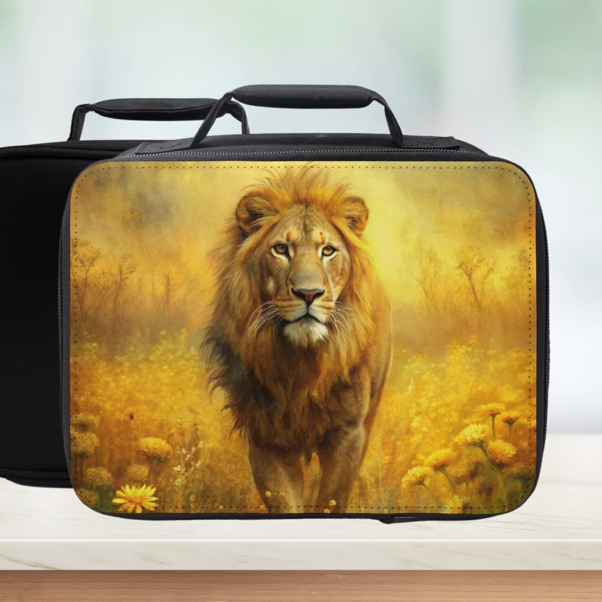 Black lunch bag with a lion design on a blurred natural background