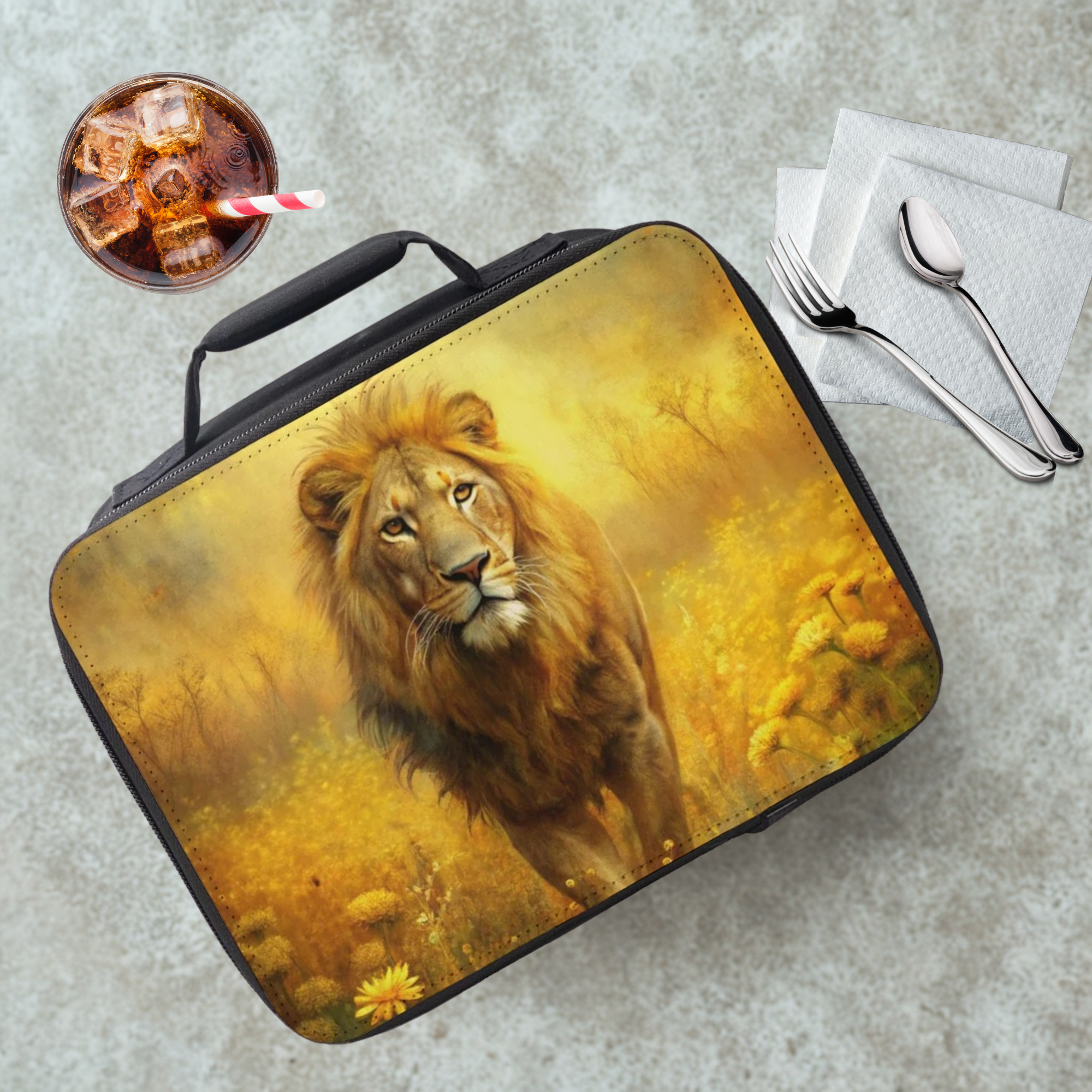 Lunch bag with a lion design on a cafeteria table with a drink and utensils.