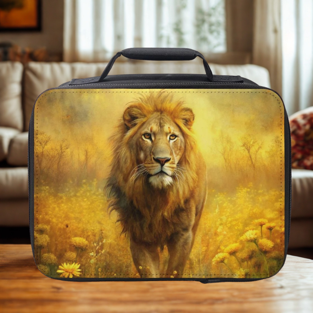 Lunch bag with a lion design on a wooden table in a blurred out living room