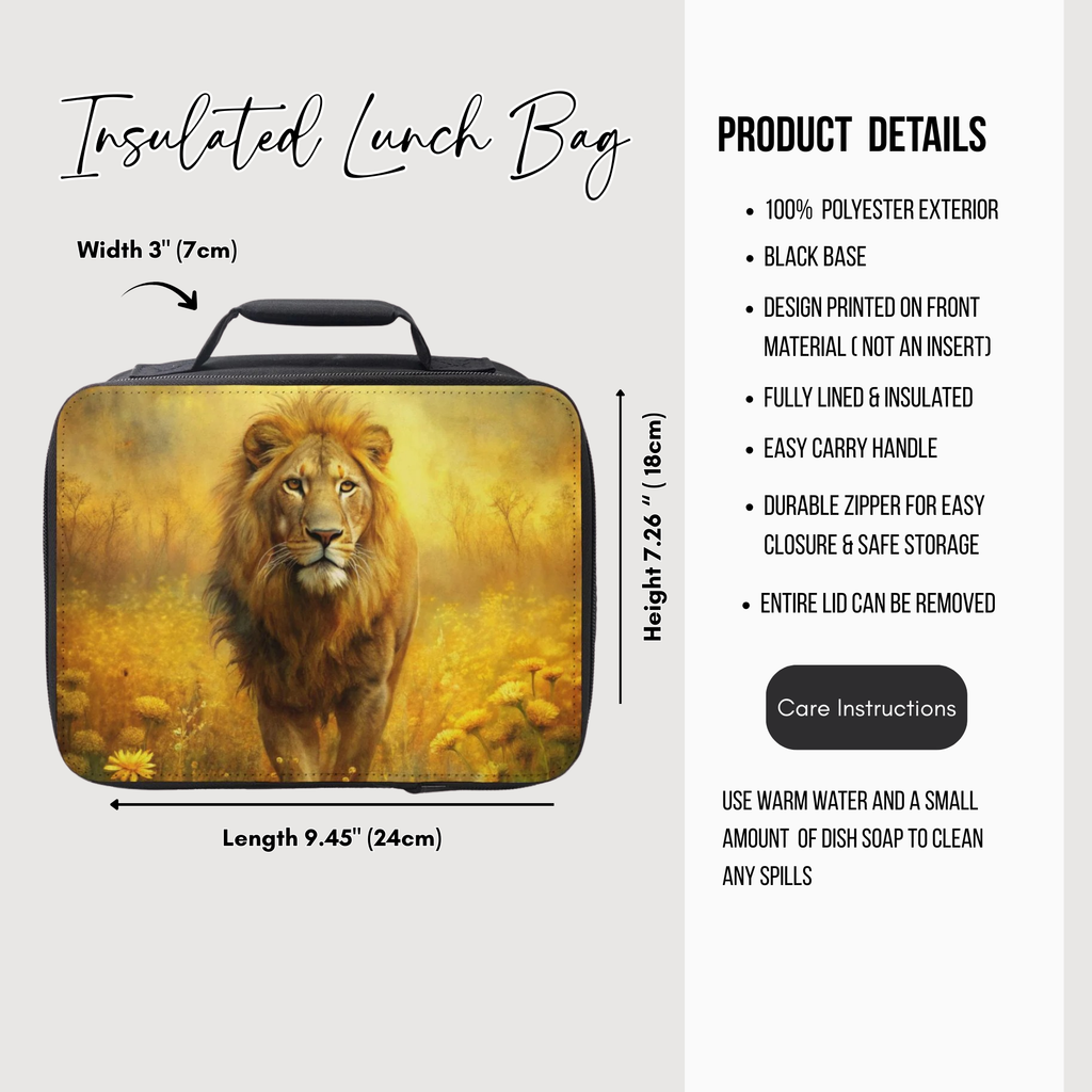 Insulated lunch bag with lion design and product details on a white background