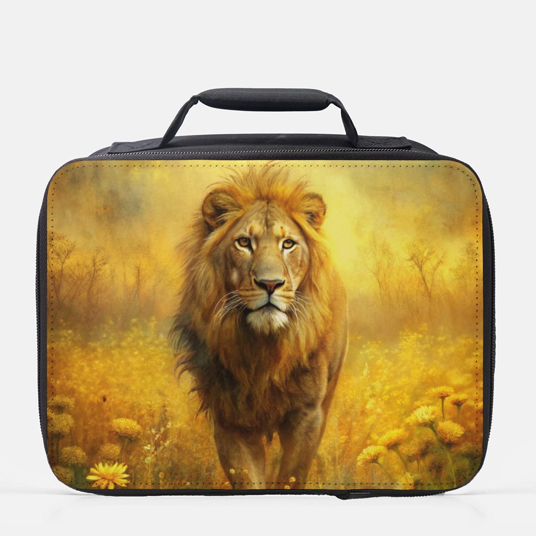 Lunch bag with a lion design on a white background