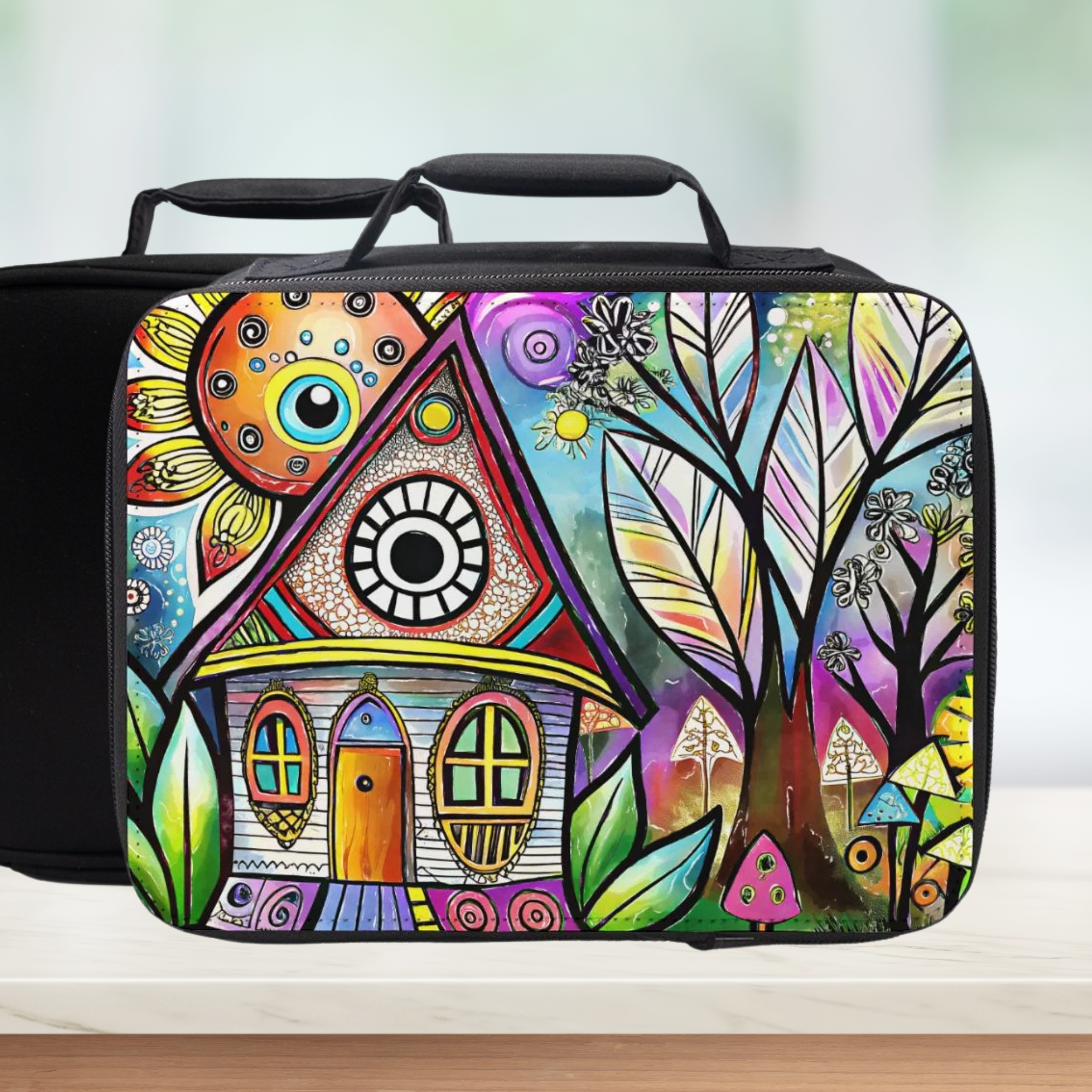 Colorful art design on a black lunch bag with a blurred background
