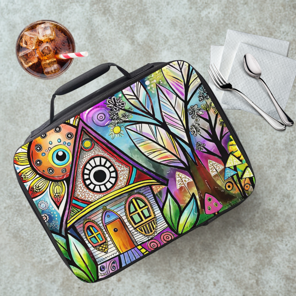 Colorful art-style lunch bag on a cafeteria table with a drink and utensils.
