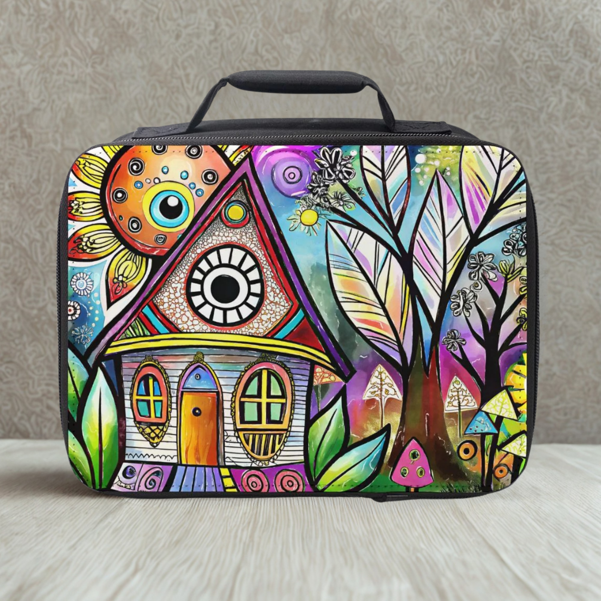 Colorful lunch bag with artistic design of houses and trees on a neutral background