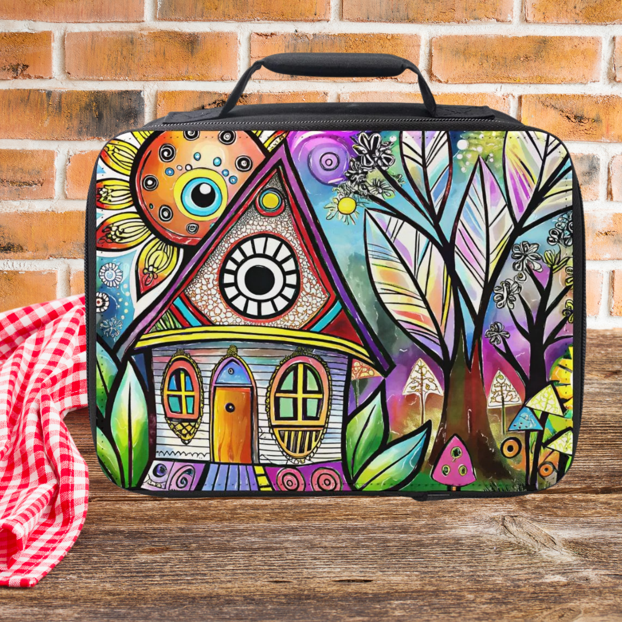 Colorful lunch bag with a house design on a wooden surface and brick wall background
