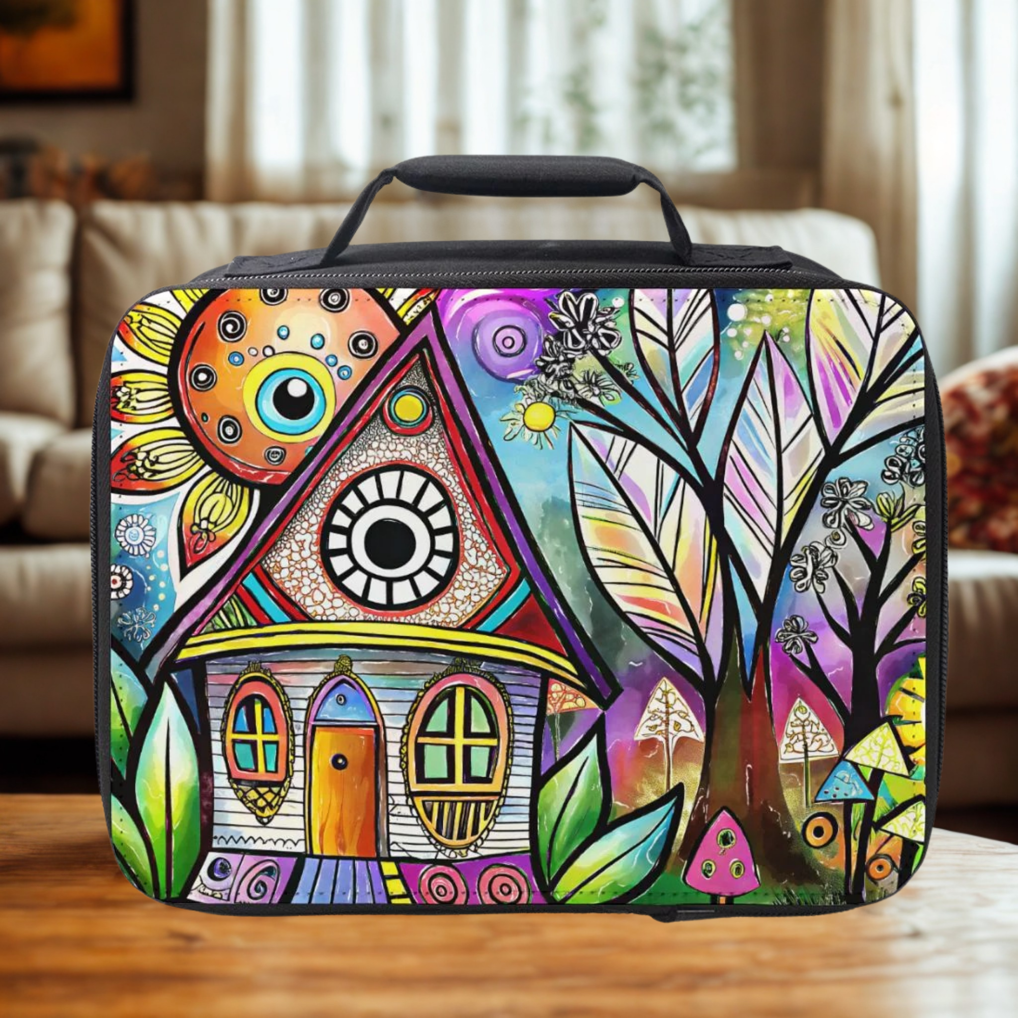 Colorful art-style lunch bag on a wooden coffee table with a blurred living room background