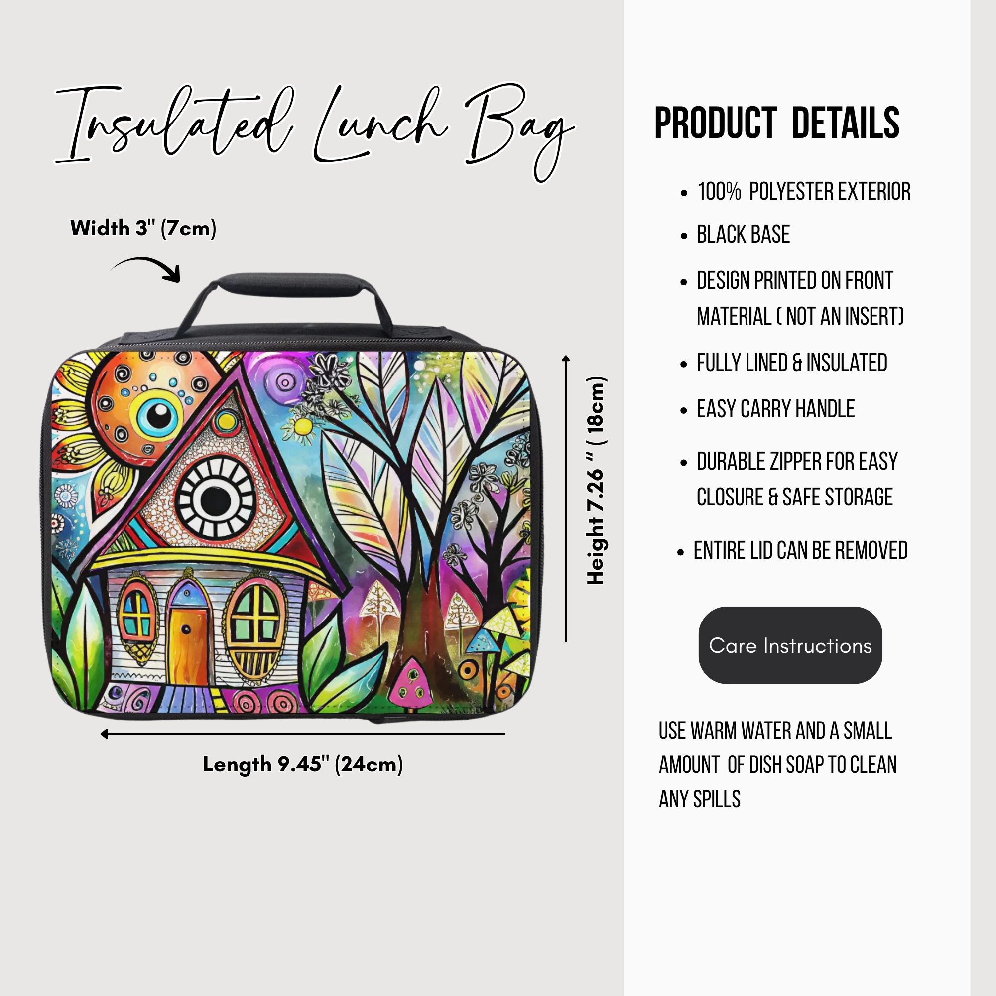 Insulated lunch bag with colorful house design and product details on a white background