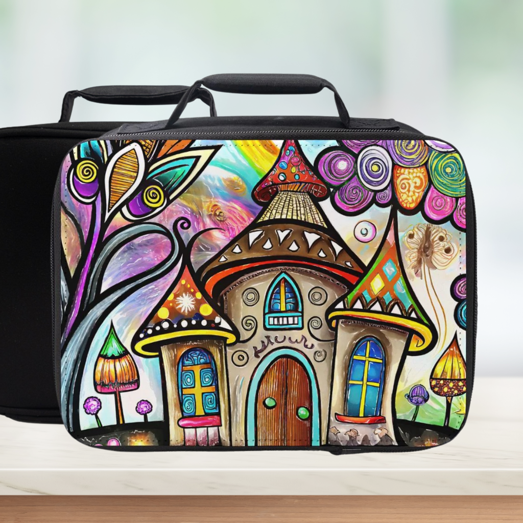 Colorful lunch bag with a whimsical house design on a white background