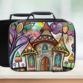Colorful lunch bag with a whimsical house design on a white background