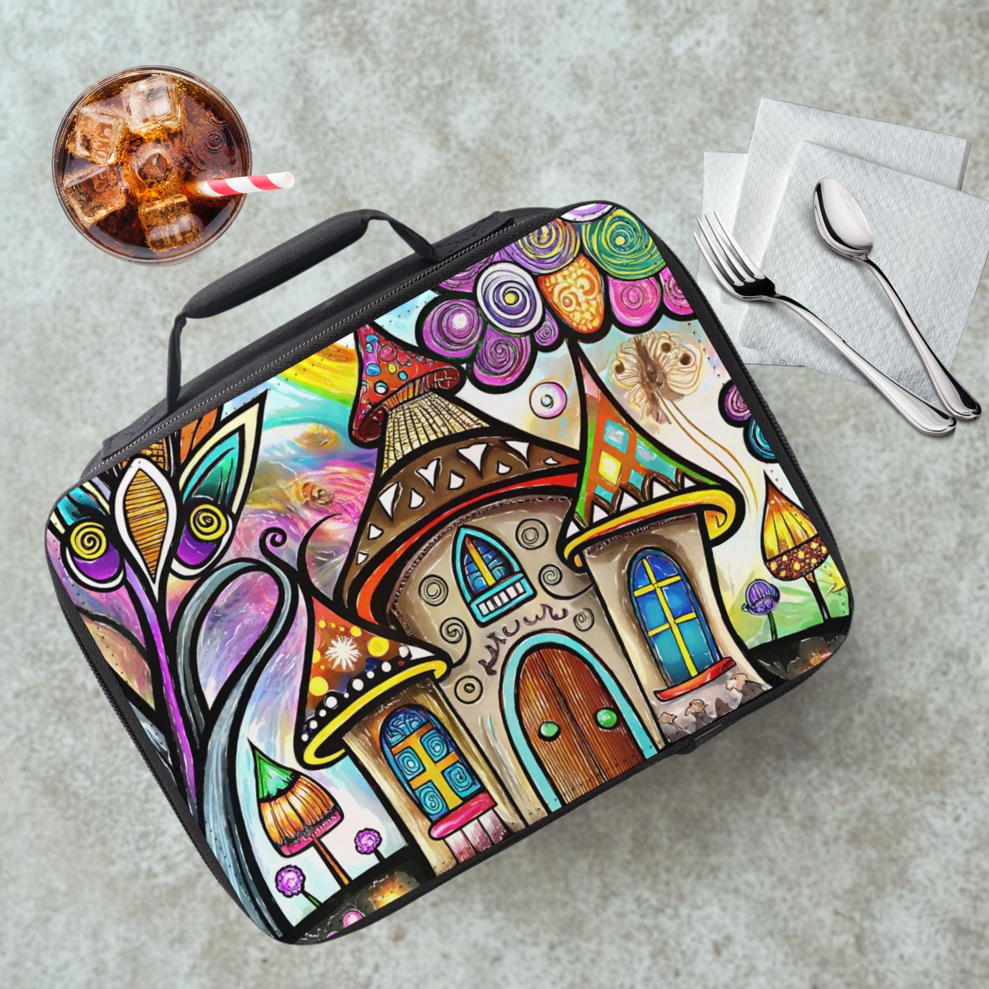 Colorful mushroom house design on a lunch box with a drink and utensils on a cafeteria table.