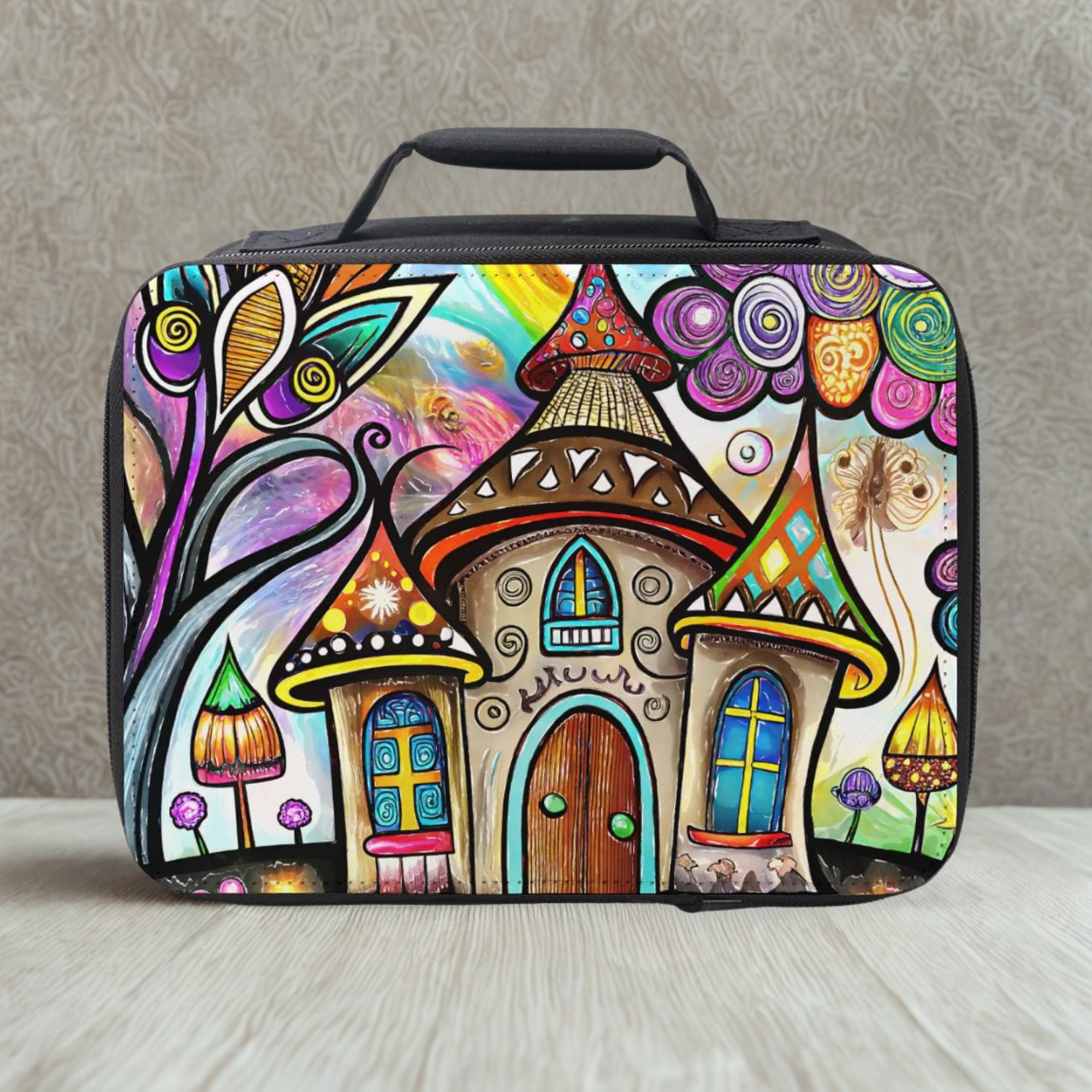 Colorful lunch bag with a whimsical house design on a neutral background 