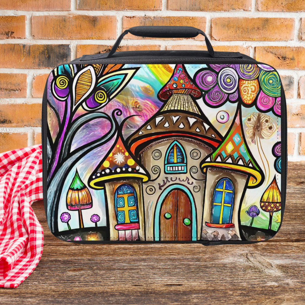 Colorful house design on a lunch bag sitting on a wooden picnic table against a brick wall background