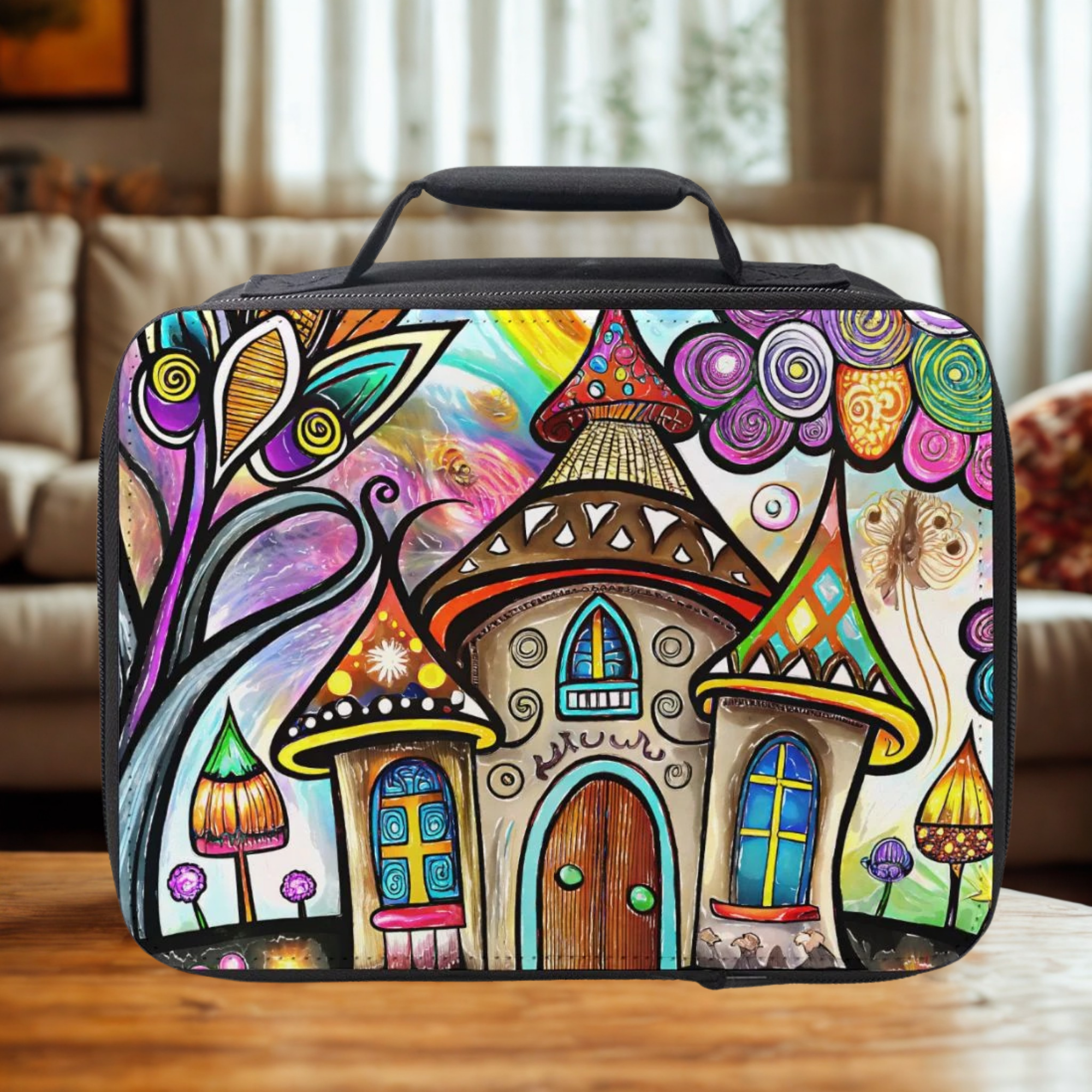 Colorful suitcase with fairy-tale house design on a wooden table in a living room.