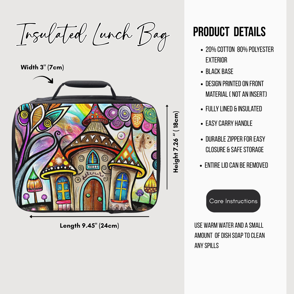 Insulated lunch bag with colorful house design and product details on a white background