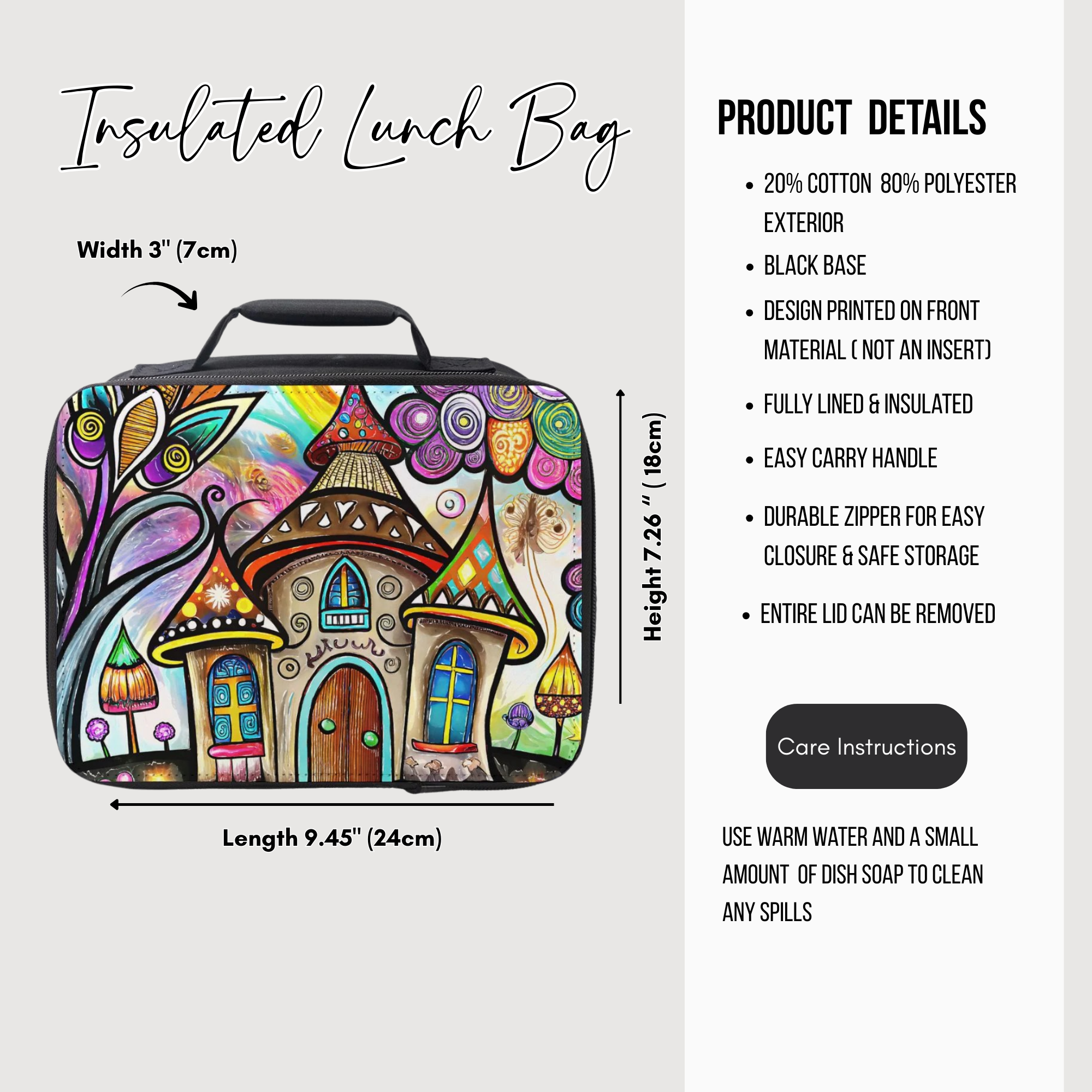 Insulated lunch bag with colorful house design and product details on a white background
