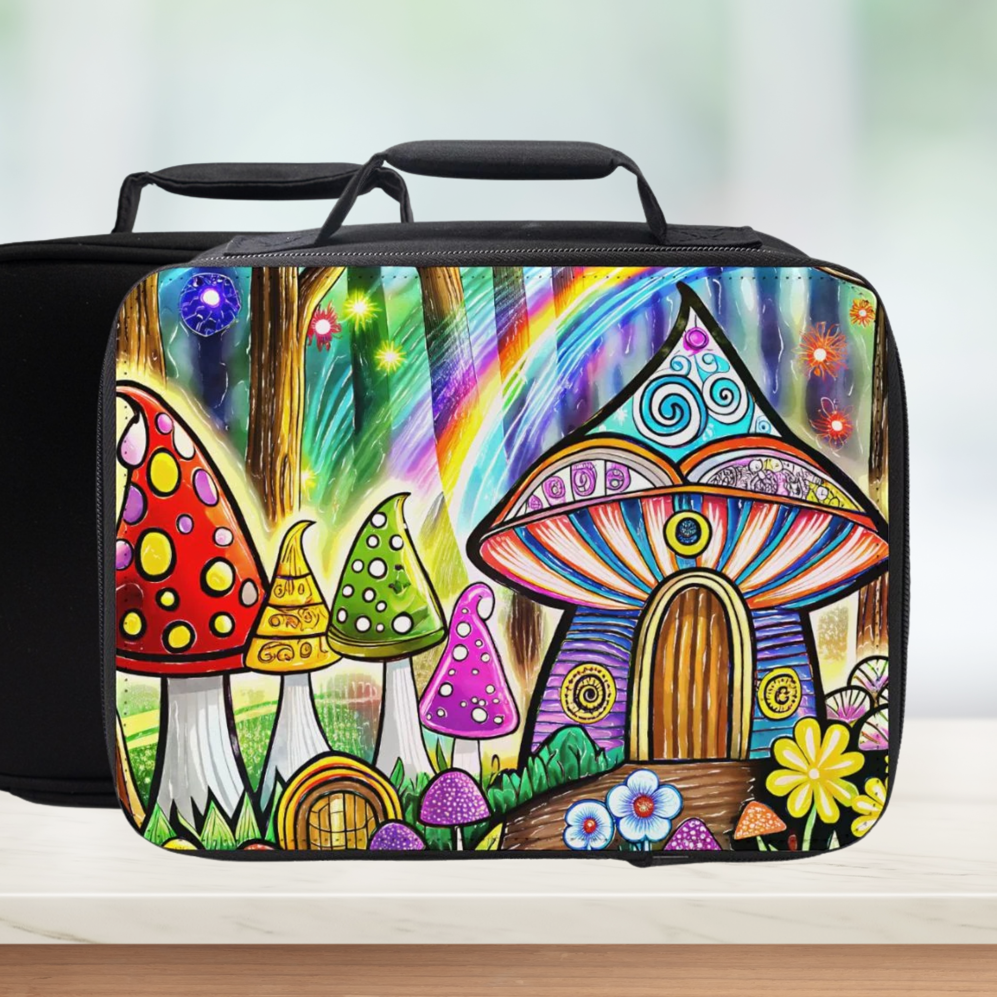 Colorful mushroom-themed black lunch bag with a blurred background