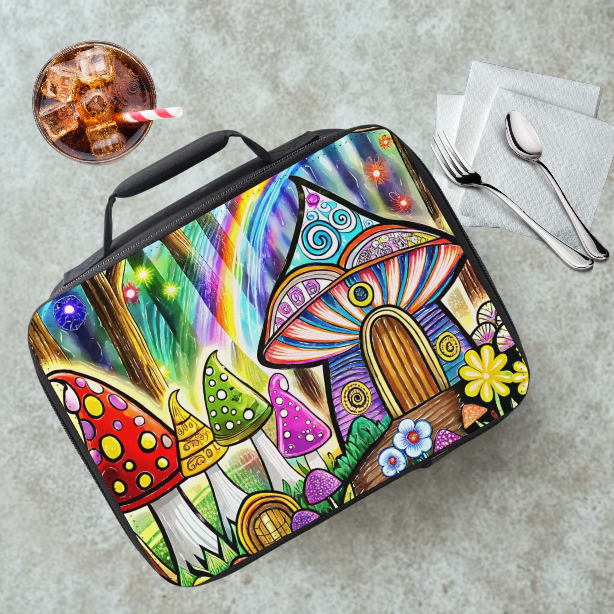 Colorful mushroom-themed lunch bag on a table with a drink and utensils.