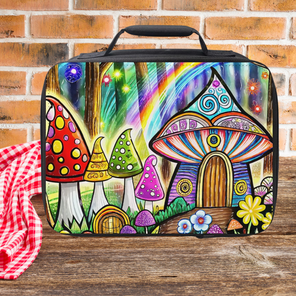 Colorful mushroom-themed lunch bag on a wooden picnic table with a brick wall background