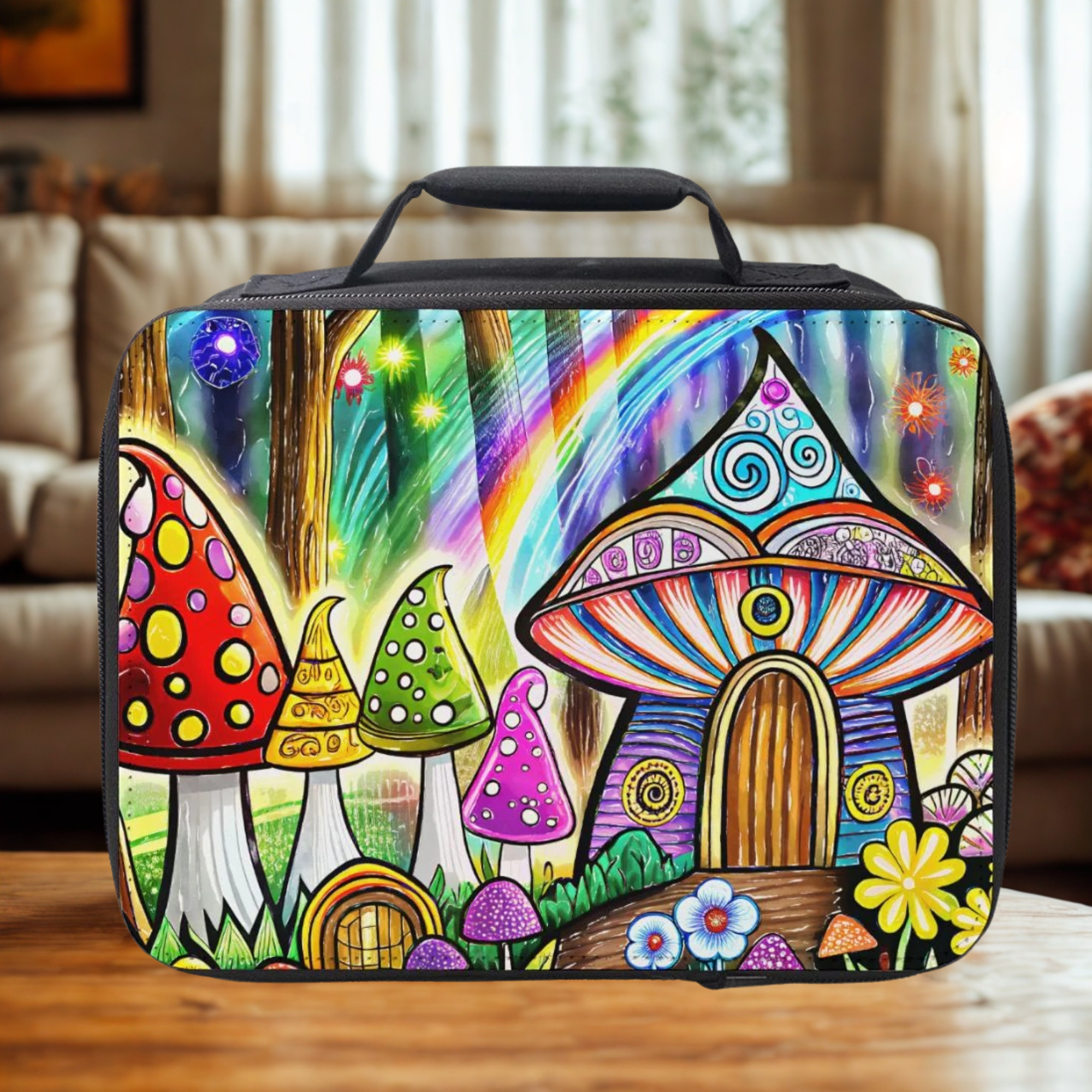 Colorful mushroom house themed lunch bag on a table in a living room.