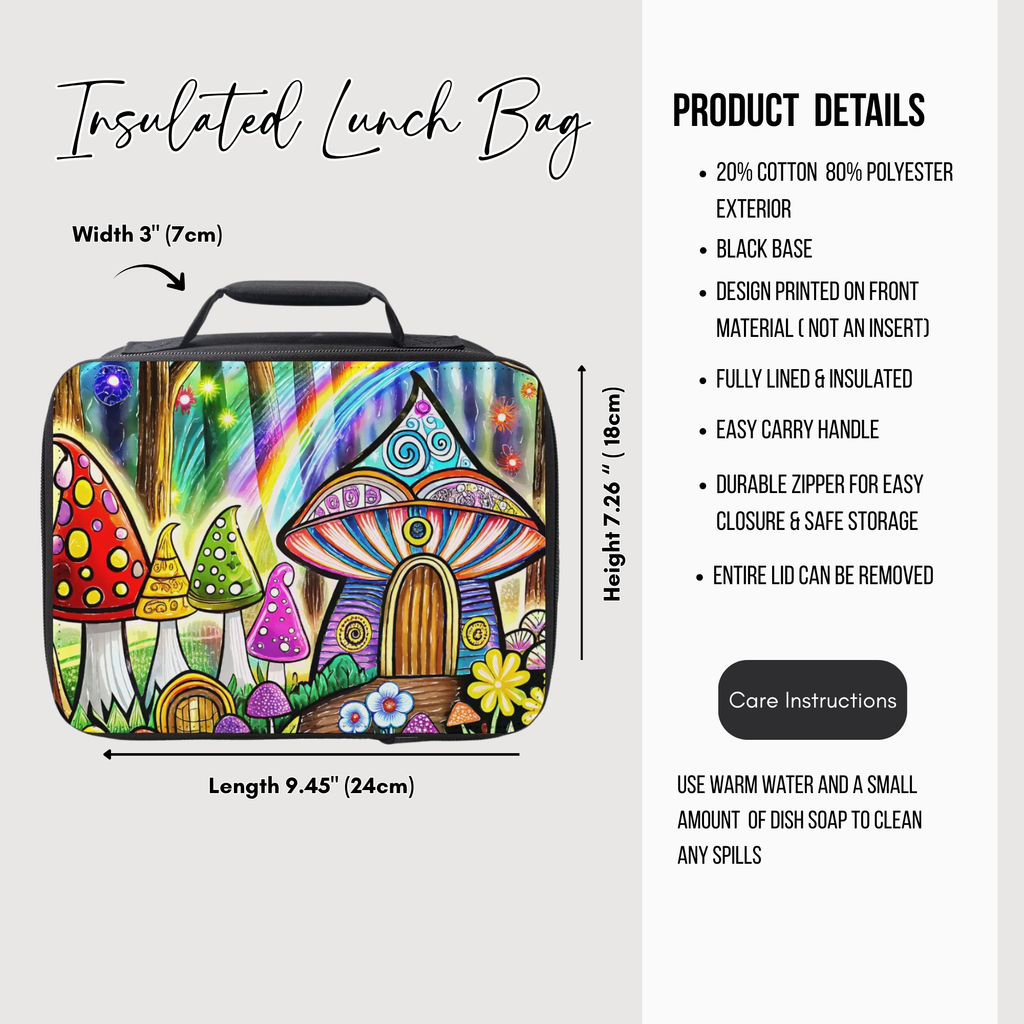 Insulated lunch bag with mushroom design and product details on a white background
