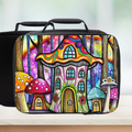 Colorful illustration of a fairy house and mushrooms on a black lunch bag.
