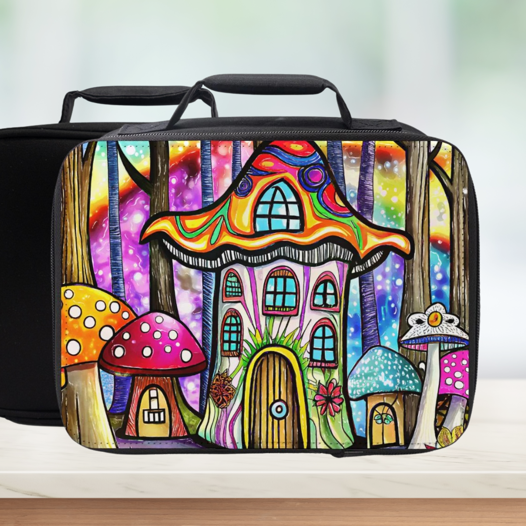 Colorful illustration of a fairy house and mushrooms on a black lunch bag.